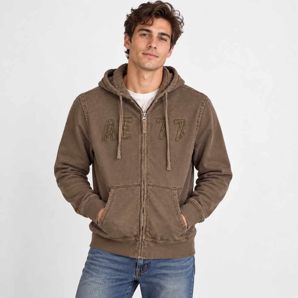 American Eagle Mens Brown Distressed Full Zip Hoodie AE 77 Applique Waffle Lined